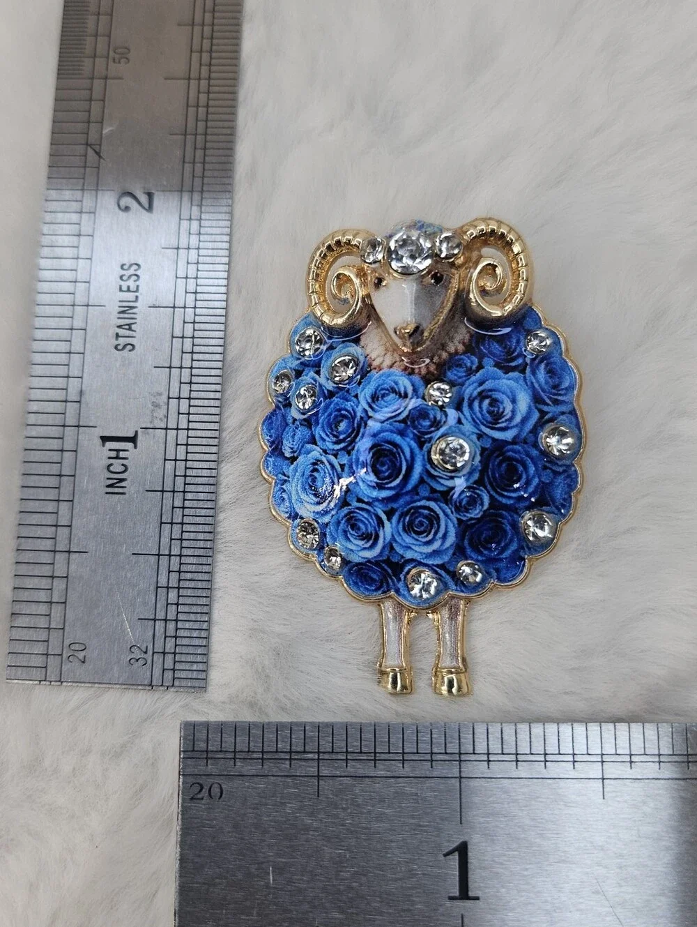 Blue Floral Sheep Brooch Pin with Crystal Accents